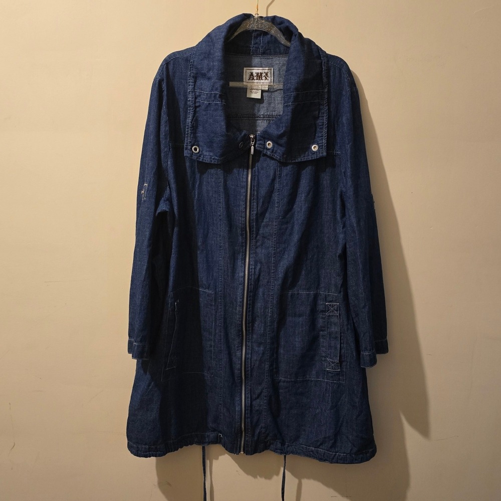 AMX Women Blue Denim Full Zip Utility Jacket Longline Cotton 1X chore coat